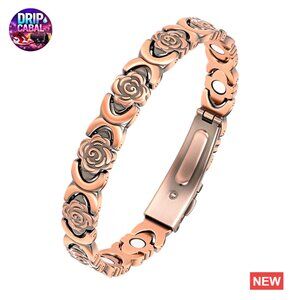 Pure Copper Magnetic Bracelet Adjustable Sizing Elegant Rose Design 3800 Gauss